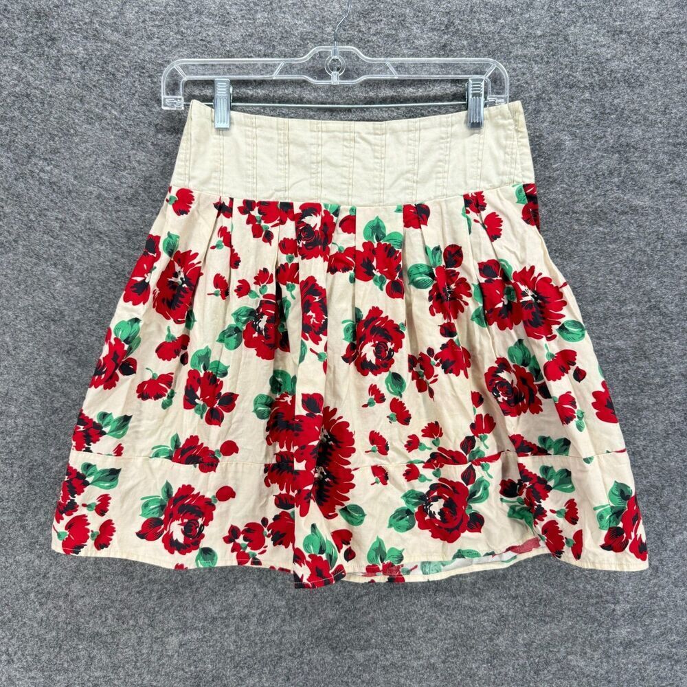 Kimchi Blue Skirt Women 2 Beige Floral A-Line Midi Zipper Cotton Mid Rise Casual